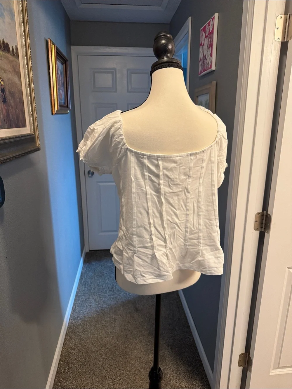 Anthropologie White Puff Sleeve Square-Neck Top